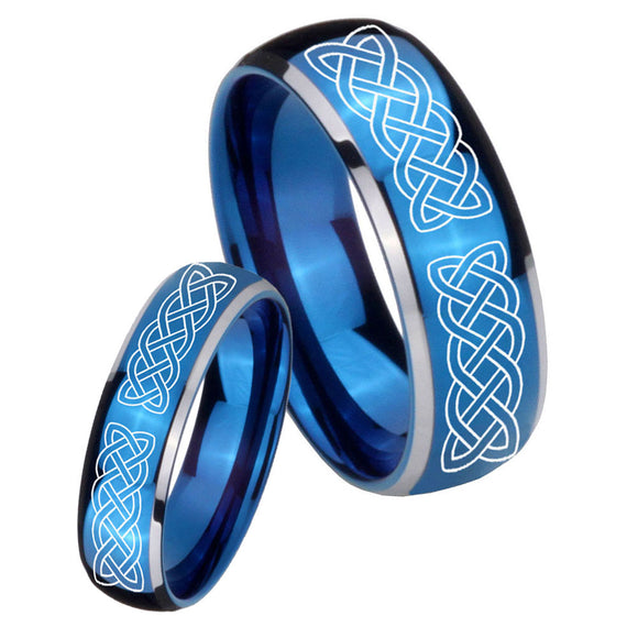 Bride and Groom Celtic Knot Dome Blue 2 Tone Tungsten Men's Bands Ring Set
