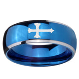 8mm Christian Cross Dome Blue 2 Tone Tungsten Carbide Wedding Engraving Ring