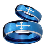 His Hers Christian Cross Dome Blue 2 Tone Tungsten Men's Engagement Ring Set