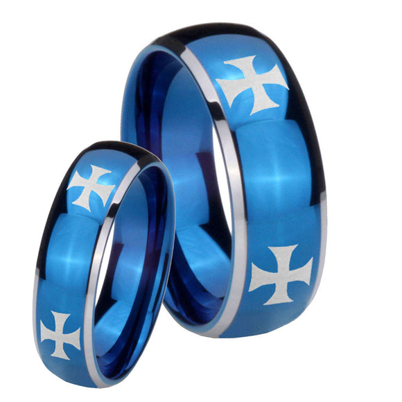 His Hers 4 Maltese Cross Dome Blue 2 Tone Tungsten Personalized Ring Set