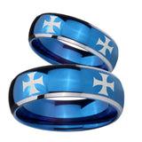 His Hers 4 Maltese Cross Dome Blue 2 Tone Tungsten Personalized Ring Set