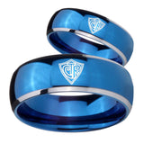 Bride and Groom CTR Dome Blue 2 Tone Tungsten Carbide Rings for Men Set