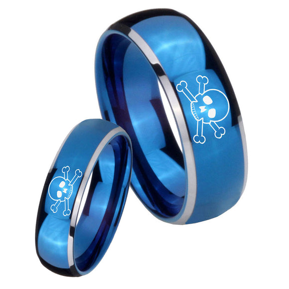 Bride and Groom Skull Dome Blue 2 Tone Tungsten Wedding Engraving Ring Set