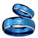 Bride and Groom Skull Dome Blue 2 Tone Tungsten Wedding Engraving Ring Set