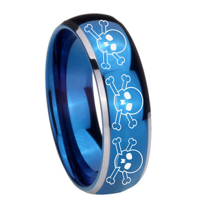 8mm Multiple Skull Dome Blue 2 Tone Tungsten Carbide Mens Ring Personalized
