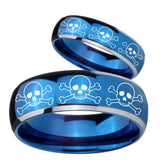 Bride and Groom Multiple Skull Dome Blue 2 Tone Tungsten Anniversary Ring Set