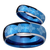 His Hers Multiple Crosses Dome Blue 2 Tone Tungsten Mens Ring Personalized Set