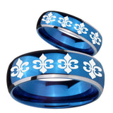 His and Hers Multiple Fleur De Lis Dome Blue 2 Tone Tungsten Men's Ring Set