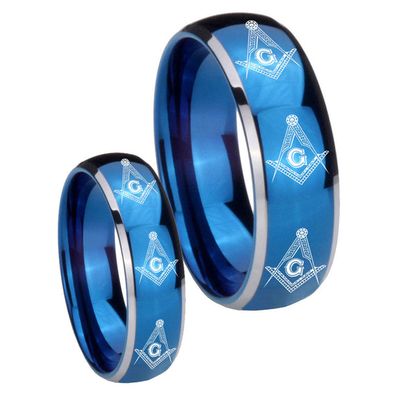 His Hers Multiple Master Mason Masonic Dome Blue 2 Tone Tungsten Engagement Ring Set