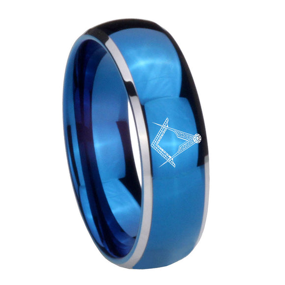 8mm Masonic Dome Blue 2 Tone Tungsten Carbide Mens Wedding Band