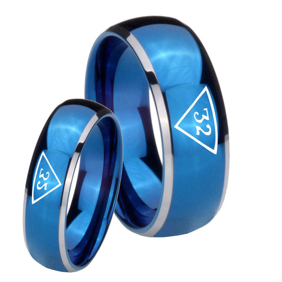 Bride and Groom Masonic 32 Triangle Freemason Dome Blue 2 Tone Tungsten Carbide Promise Ring Set