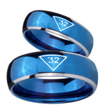 Bride and Groom Masonic 32 Triangle Freemason Dome Blue 2 Tone Tungsten Carbide Promise Ring Set