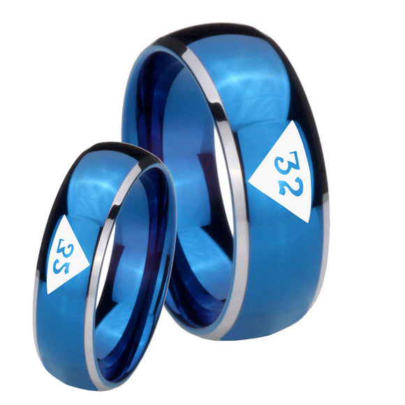 Bride and Groom Masonic 32 Triangle Design Freemason Dome Blue 2 Tone Tungsten Carbide Promise Ring Set
