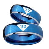 Bride and Groom Masonic 32 Triangle Design Freemason Dome Blue 2 Tone Tungsten Carbide Promise Ring Set