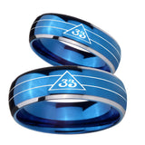 Bride and Groom Masonic 32 Duo Line Freemason Dome Blue 2 Tone Tungsten Carbide Promise Ring Set
