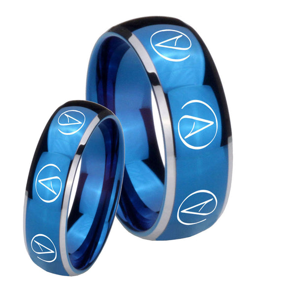 His Hers Atheist Design Dome Blue 2 Tone Tungsten Men's Ring Set