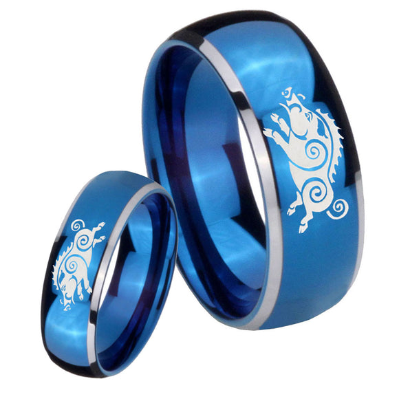 His Hers Wild Boar Dome Blue 2 Tone Tungsten Mens Engagement Band Set