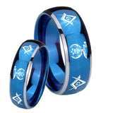 His Hers Masonic Shriners Dome Blue 2 Tone Tungsten Wedding Engraving Ring Set