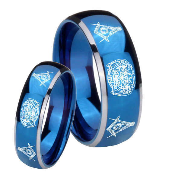 Bride and Groom Masonic 32 Design Dome Blue 2 Tone Tungsten Men's Band Ring Set