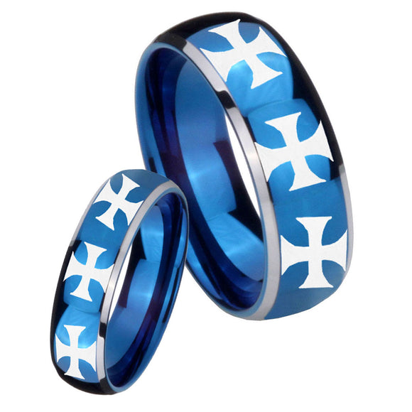 His Hers Multiple Maltese Cross Dome Blue 2 Tone Tungsten Men's Wedding Band Set