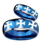 His Hers Multiple Maltese Cross Dome Blue 2 Tone Tungsten Men's Wedding Band Set