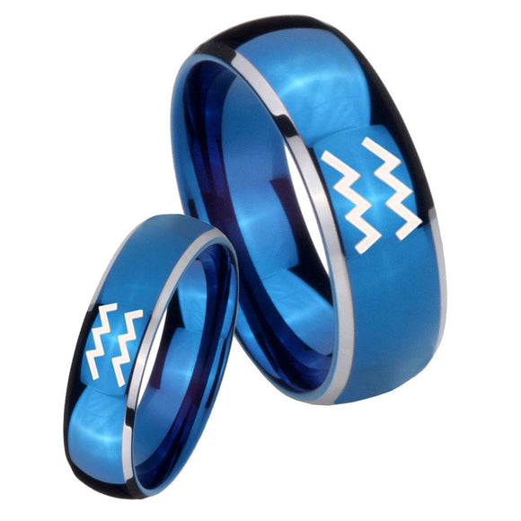 His and Hers Aquarius Horoscope Dome Blue 2 Tone Tungsten Engraved Ring Set