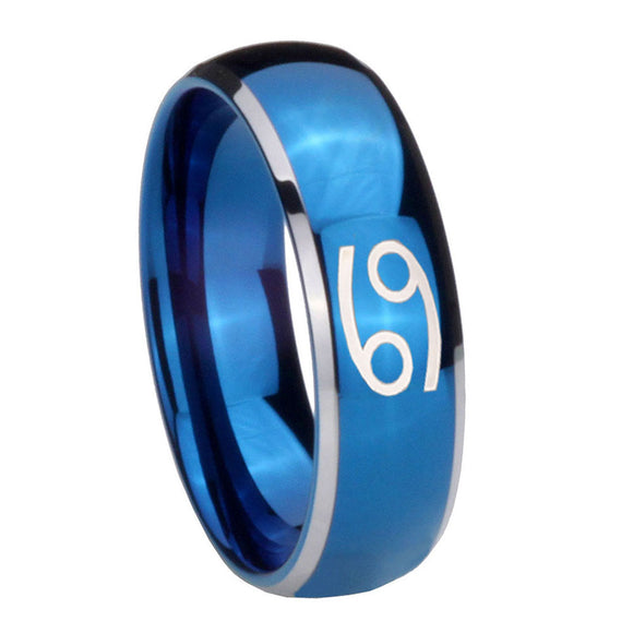 8mm Cancer Horoscope Dome Blue 2 Tone Tungsten Carbide Mens Wedding Ring