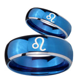 Bride and Groom Leo Zodiac Dome Blue 2 Tone Tungsten Mens Engagement Band Set