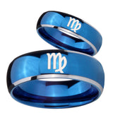 Bride and Groom Virgo Zodiac Dome Blue 2 Tone Tungsten Carbide Mens Ring Set