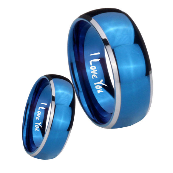 Bride and Groom I Love You Dome Blue 2 Tone Tungsten Mens Wedding Ring Set
