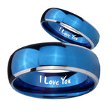 Bride and Groom I Love You Dome Blue 2 Tone Tungsten Mens Wedding Ring Set