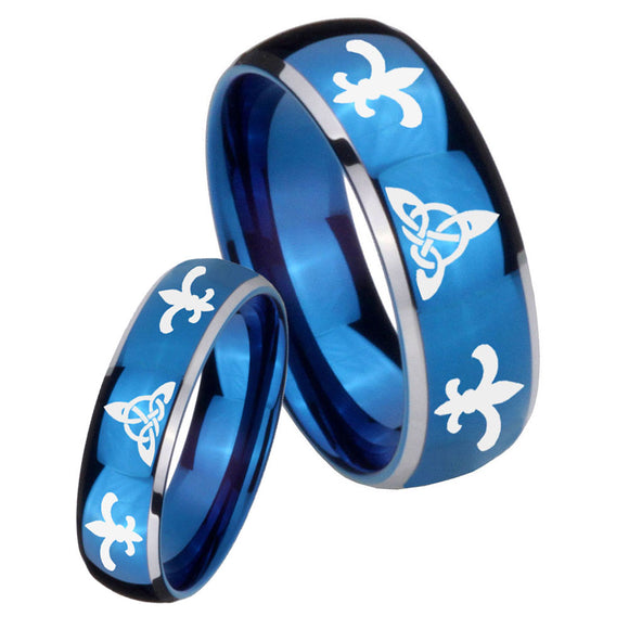 His Hers Celtic Triangle Fleur De Lis Dome Blue 2 Tone Tungsten Men Ring Set