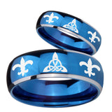His Hers Celtic Triangle Fleur De Lis Dome Blue 2 Tone Tungsten Men Ring Set