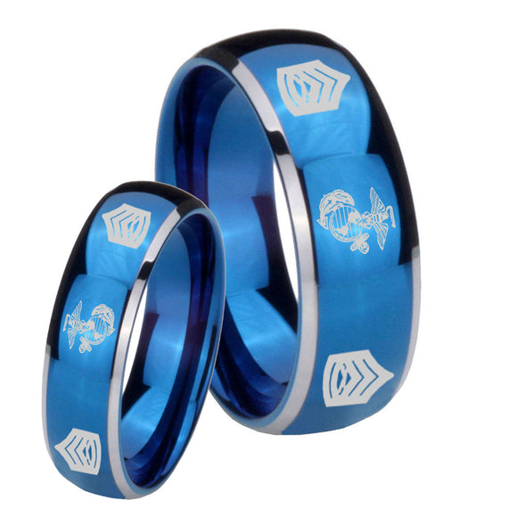 His Hers Marine Army Sergeant Dome Blue 2 Tone Tungsten Men's Engagement Band Set