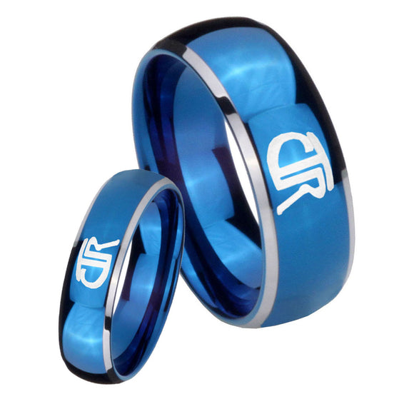 Bride and Groom CTR Dome Blue 2 Tone Tungsten Carbide Personalized Ring Set