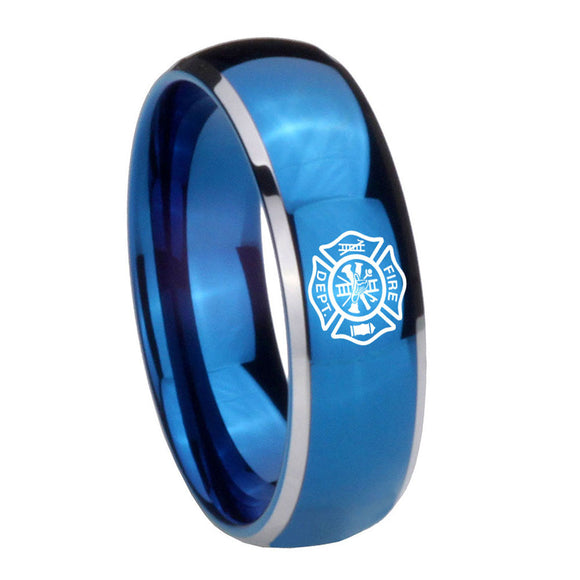 8mm Fire Department Dome Blue 2 Tone Tungsten Carbide Anniversary Ring