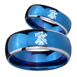 Bride and Groom Fireman Dome Blue 2 Tone Tungsten Carbide Men's Bands Ring Set