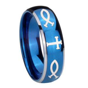 8mm Fish & Cross Dome Blue 2 Tone Tungsten Carbide Mens Engagement Ring