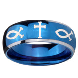 8mm Fish & Cross Dome Blue 2 Tone Tungsten Carbide Mens Engagement Ring