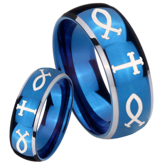 Bride and Groom Fish & Cross Dome Blue 2 Tone Tungsten Wedding Band Ring Set