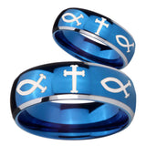Bride and Groom Fish & Cross Dome Blue 2 Tone Tungsten Wedding Band Ring Set