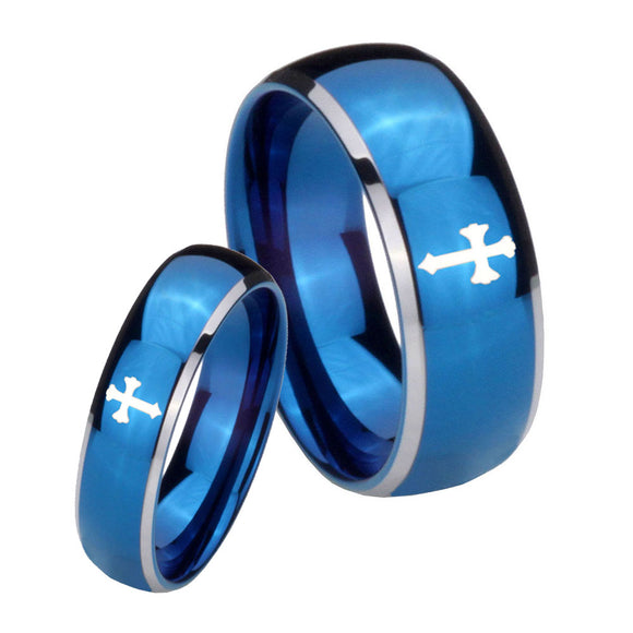 His Hers Flat Christian Cross Dome Blue 2 Tone Tungsten Wedding Bands Ring Set