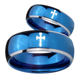 His Hers Flat Christian Cross Dome Blue 2 Tone Tungsten Wedding Bands Ring Set