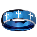 8mm Multiple Christian Cross Dome Blue 2 Tone Tungsten Men's Wedding Ring