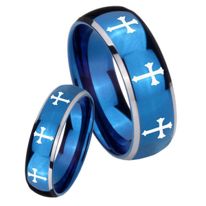 His Hers Multiple Christian Cross Dome Blue 2 Tone Tungsten Rings for Men Set