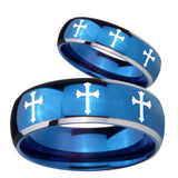 His Hers Multiple Christian Cross Dome Blue 2 Tone Tungsten Rings for Men Set