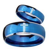 His Hers Flat Christian Cross Dome Blue 2 Tone Tungsten Wedding Band Mens Set