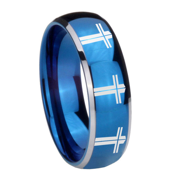 8mm Multiple Christian Cross Dome Blue 2 Tone Tungsten Men's Engagement Band