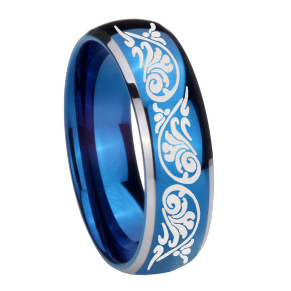 8mm Etched Tribal Pattern Dome Blue 2 Tone Tungsten Carbide Men's Band Ring