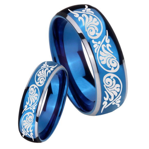 His Hers Etched Tribal Pattern Dome Blue 2 Tone Tungsten Wedding Bands Ring Set